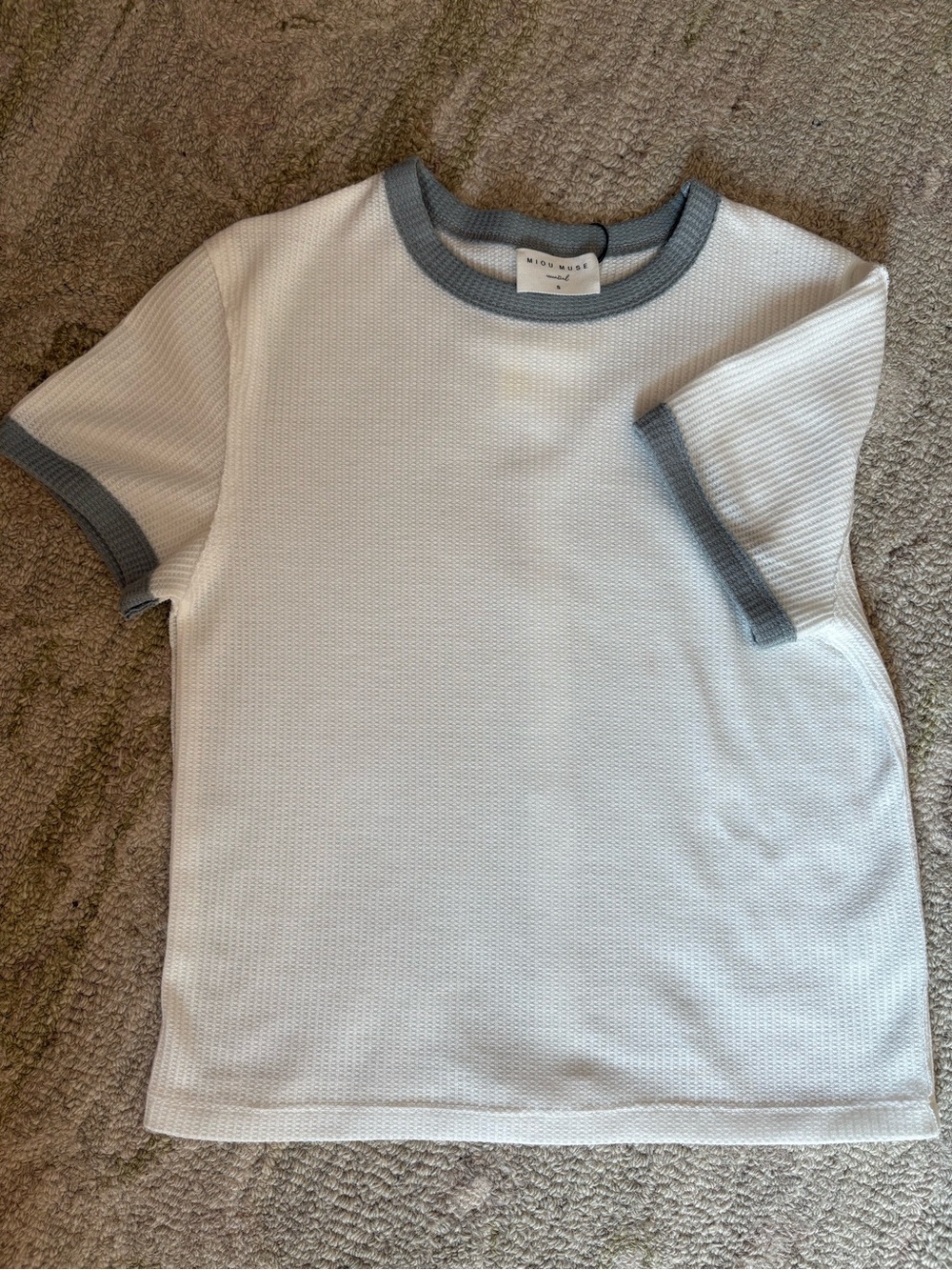 Miou Muse Ribbed Crewneck Ringer Tee - White with Gray Trim